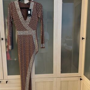 Fashion Nova Chocolate Long Sleeve Embellished Dress